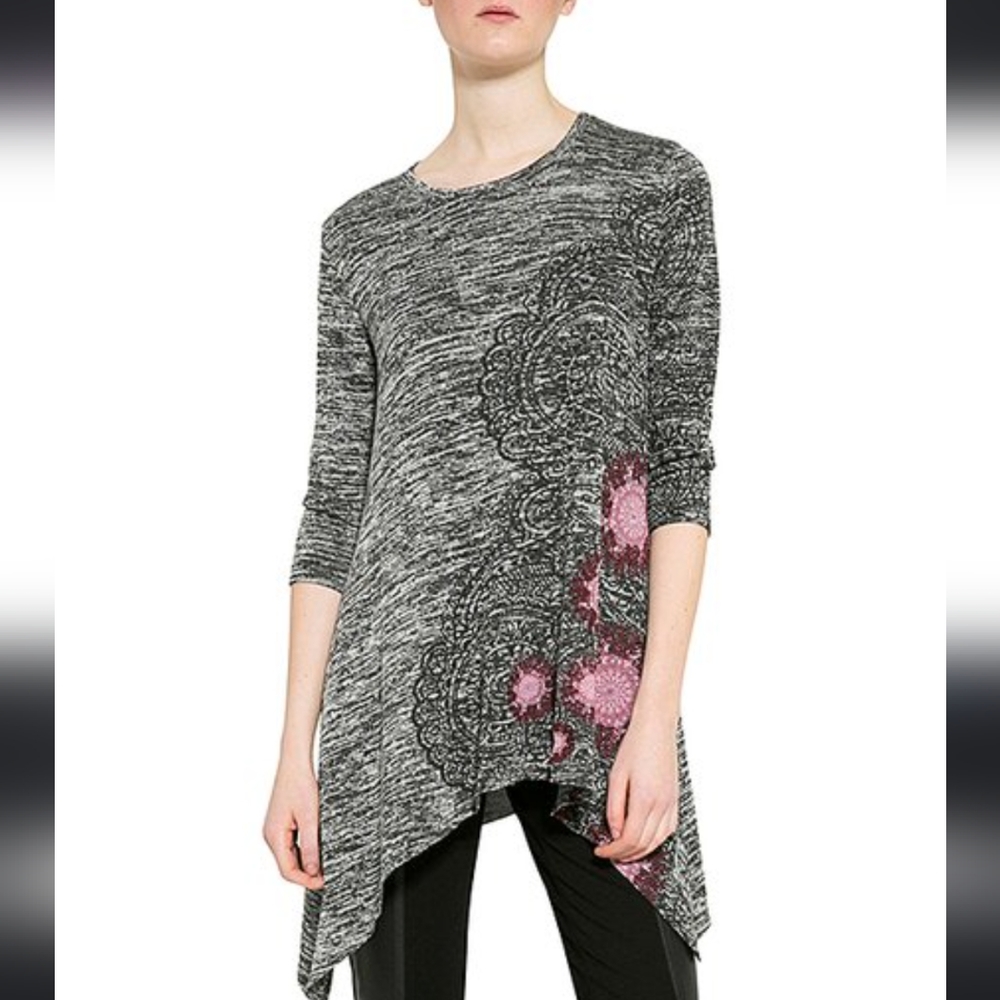 Desigual Grey & Pink‎ Mandala Boho 3/4 Sleeve Asymmetrical Tunic Top Size S